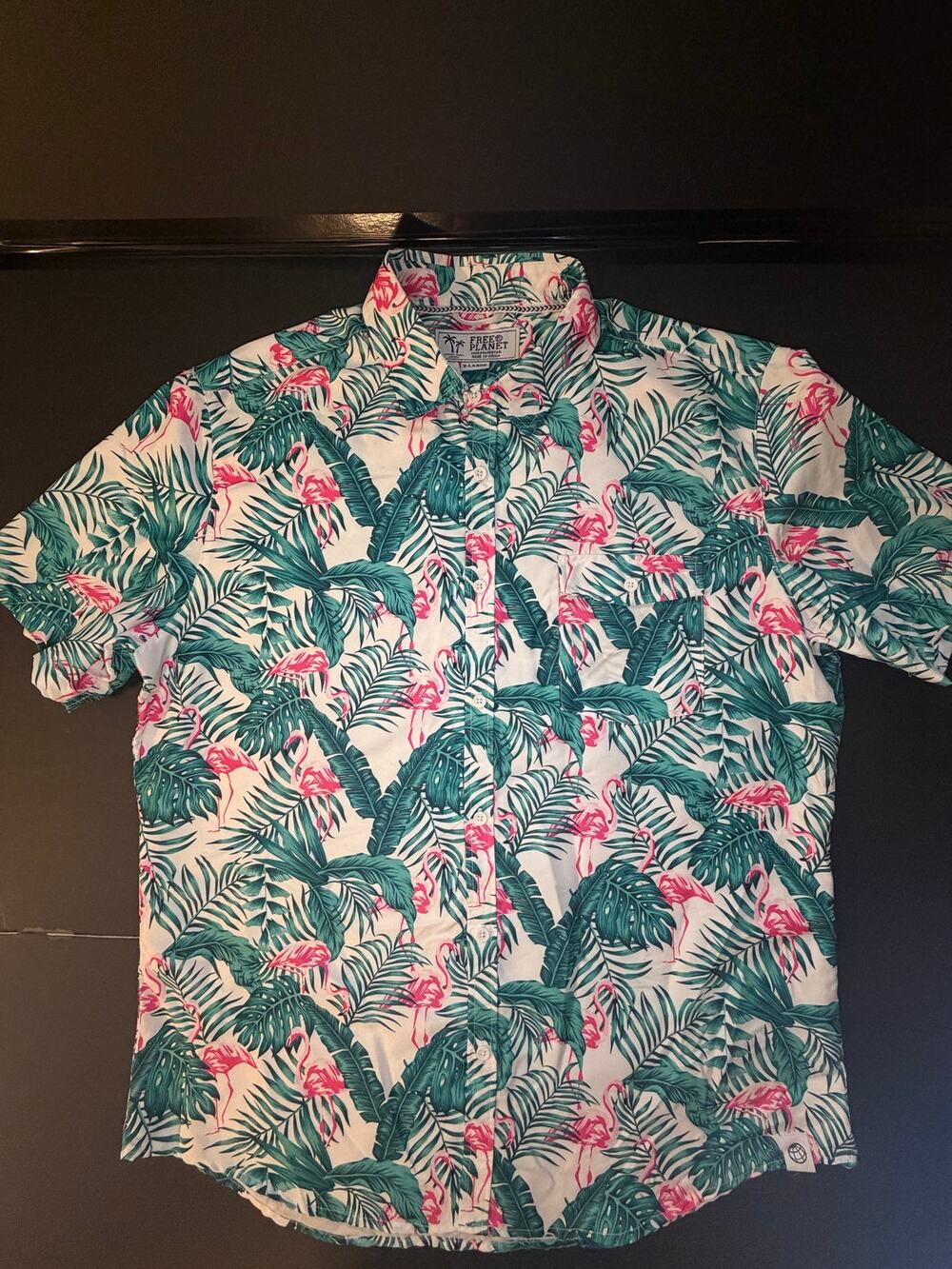 Free Planet Men’s XL Tropical Flamingo Palm Print Button Up Shirt Polyester